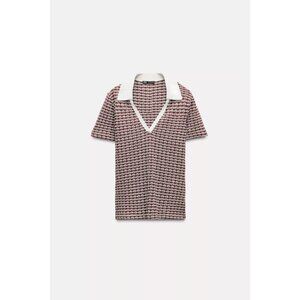 ZARA BURGUNDY WHITE JACQUARD POLO SHIRT, SIZE: S, LIKE NEW